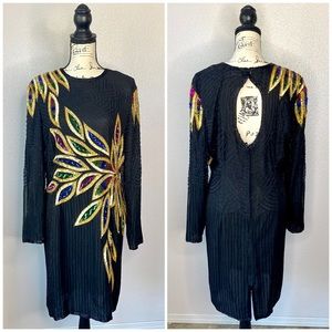 Vintage Stenay Beaded Silk Gatsby Black Sequin Party Holiday Dress Medium
